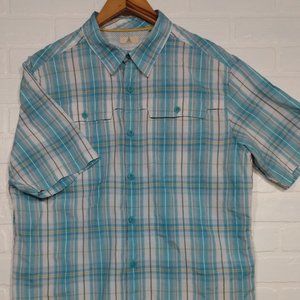 Ascend men's outdoors vented back aqua plaid short sleeve button shirt large